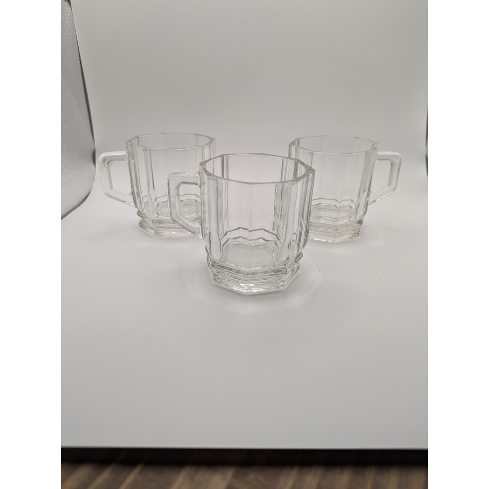 Set of 3 Vintage Octagonal Clear Glass Espresso Coffee Mugs Cups Heavy 3.5" Tall
